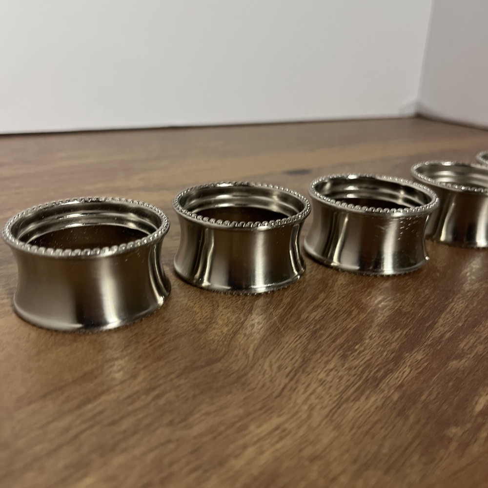 6 Silver Tone Beaded Edged Napkin Rings