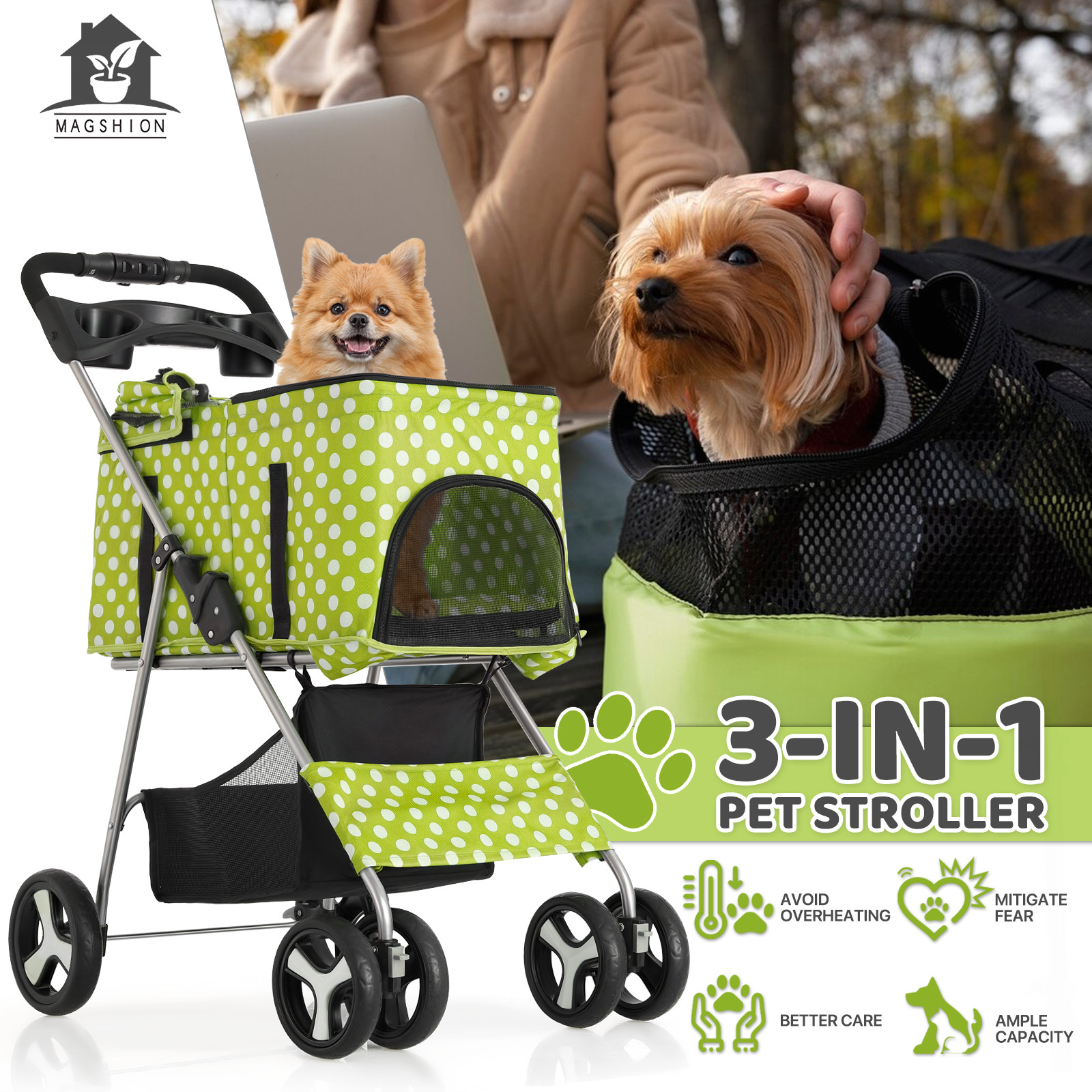 Foldable Pet Stroller Dog Stroller Removable Travel Carrier+Cup Holder 4 Wheels