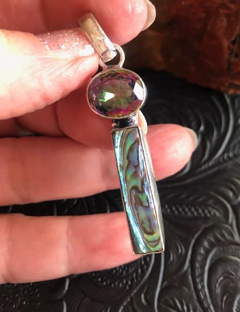 Modern Abalone and Mystic Topaz Rectangular Pendant 2" Artisan Southwest