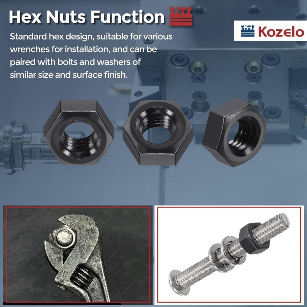 100pcs Hex Nuts - [M4-0.7] Nylon Hardware Nuts, Black, UNC