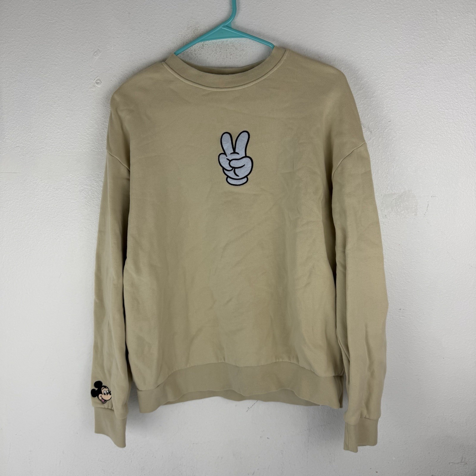 Mickey Mouse Sweatshirt Womens Medium Peace Sign Beige Pullover Crew Neck Disney