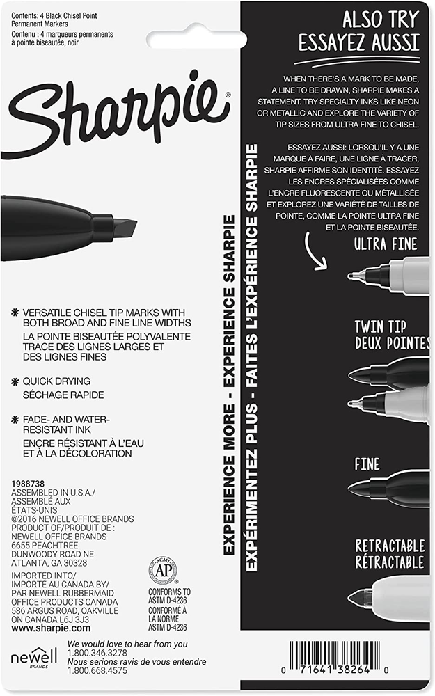Sharpie 38264PP Permanent Markers Chisel Tip Black 4 Count