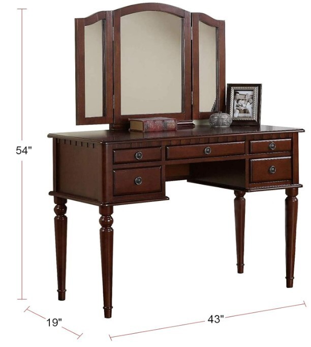 Ladies Vanity Table Set Brown Wood Girls Make Up Storage Desk Mirror & Stool
