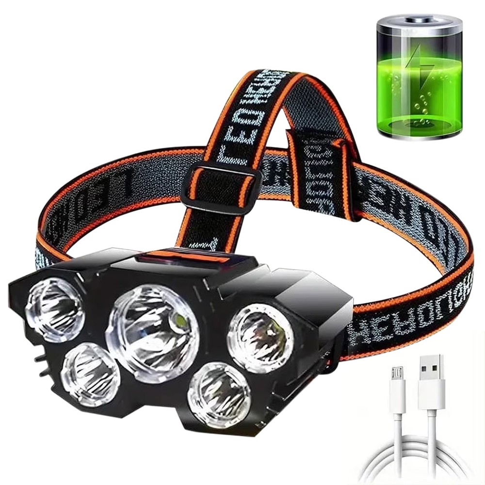 Super Bright 5 LED Zoom Headlamp USB Rechargeable Headlight Head Torch