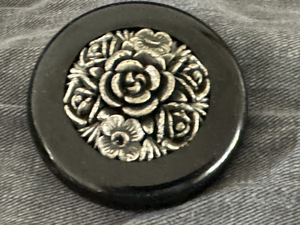 Antique Coat Button Black Embossed Silver Gray Floral 2" Wide