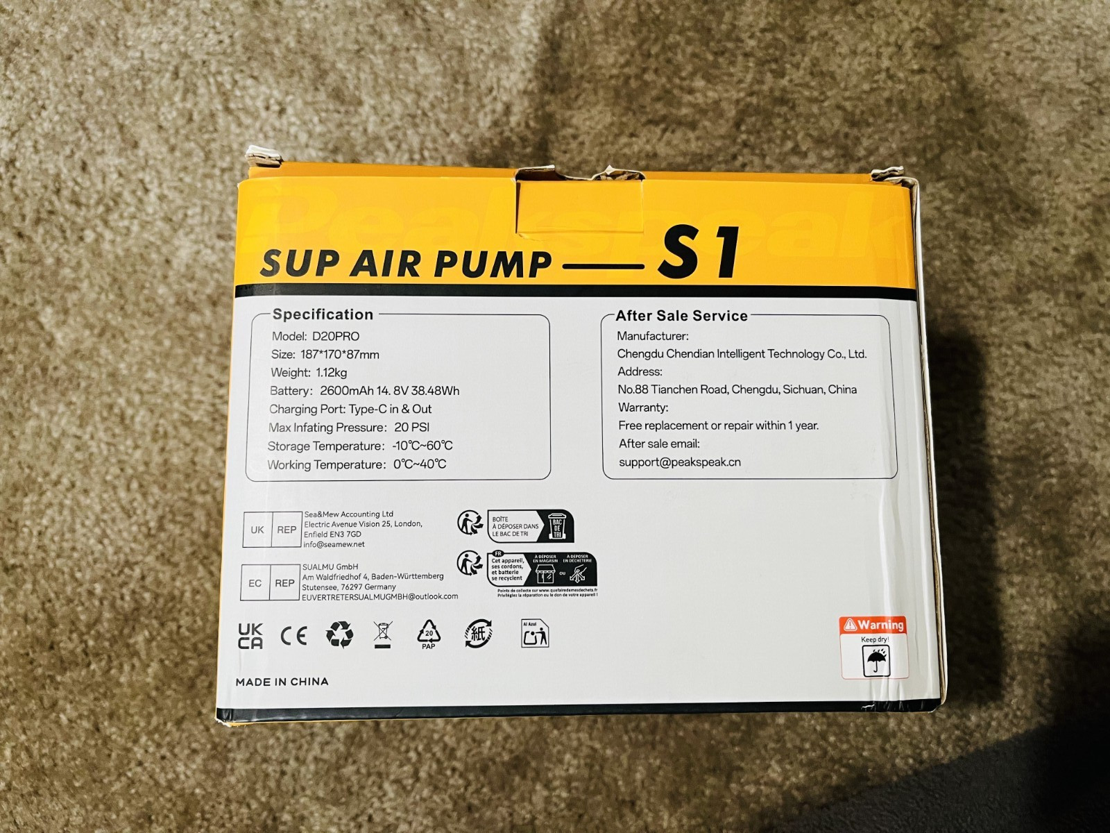 Peakspeak 20PSI Electric SUP Air Pump | Inflator for Paddle Board, boat, tent