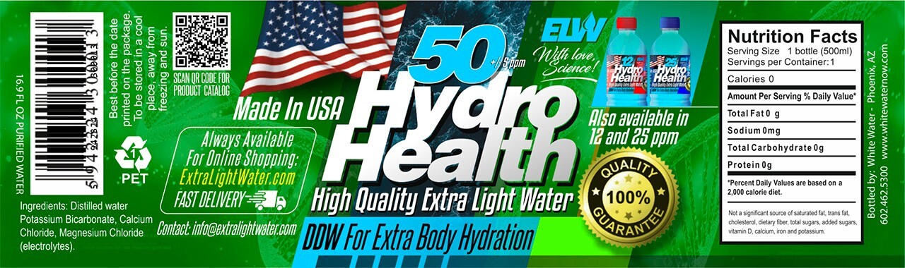 Deuterium Depleted Water 50 ppm Hydro Health 24 pcs x 500ML,free S&H to Cont.US