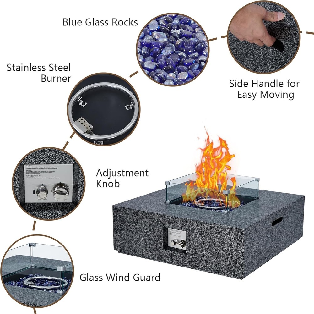 36" Propane Fire Pit Table Square Steel Firepit Coffee Table 50,000 BTU Silver