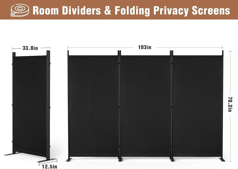 6FT Room Divider 3 Panel Folding Privacy Screen Separating for Home School Black