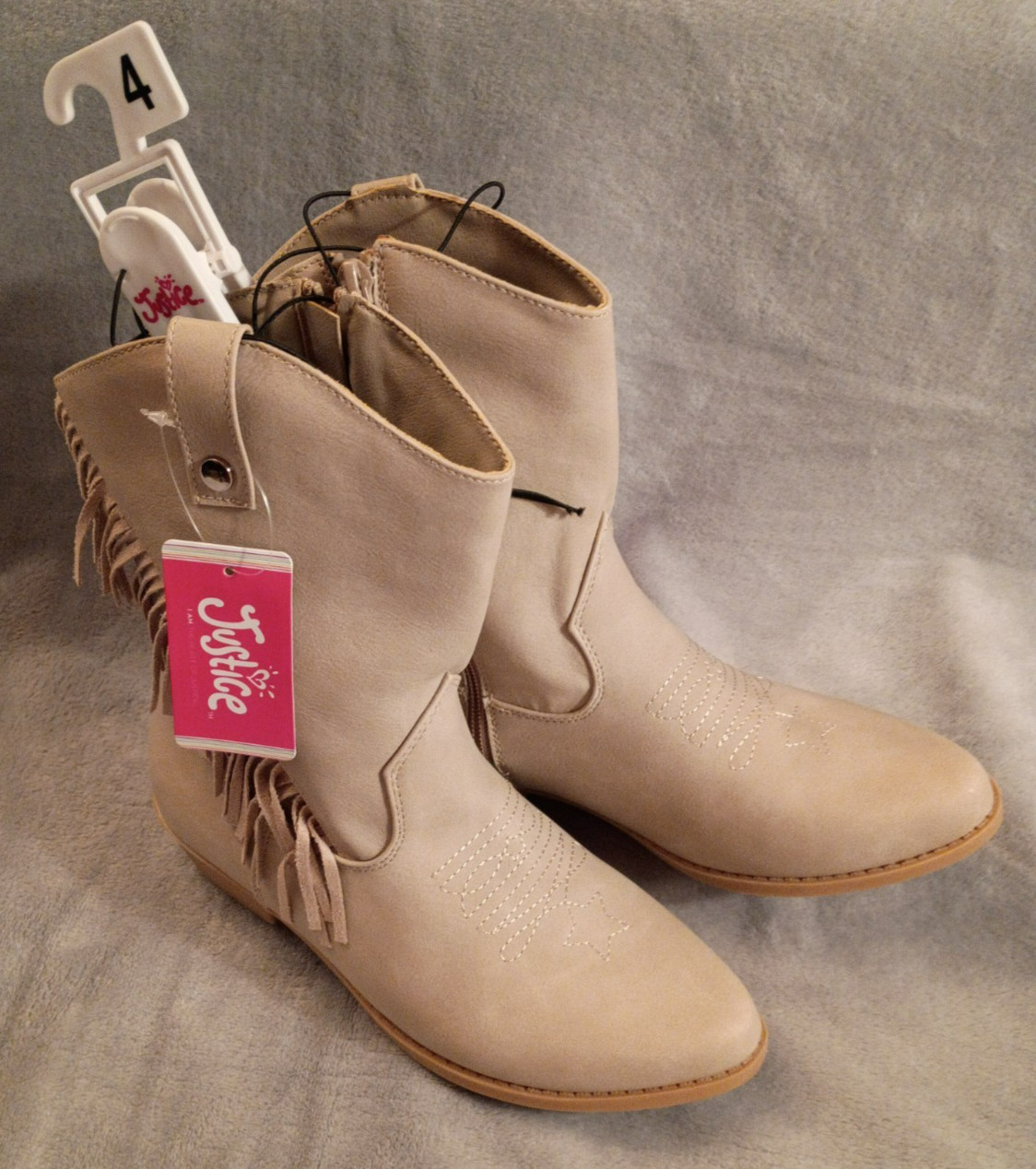 New Justice Western Cowgirl Boots Big Girls Size 4 Tan Embroidered Fringe Riding