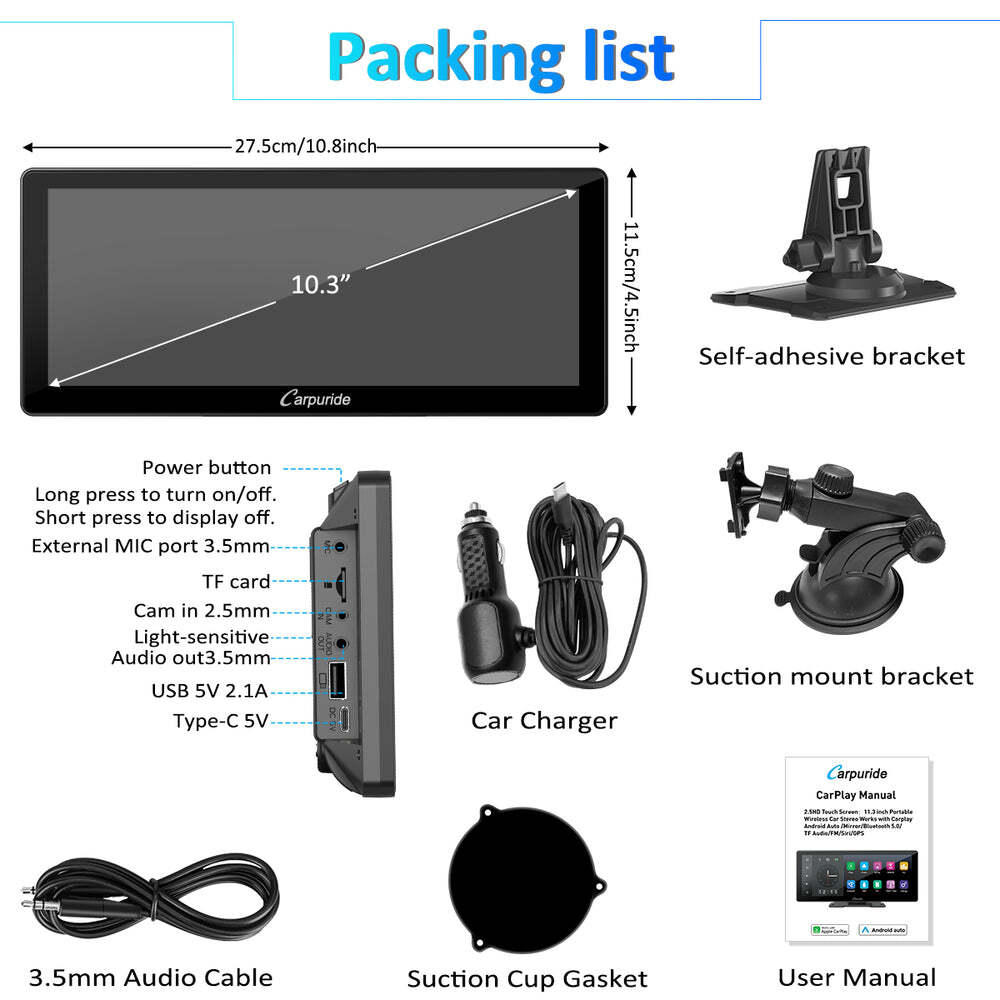 Carpuride W103Pro Portable Apple Carplay Android Auto Dual Bluetooth Touchscreen