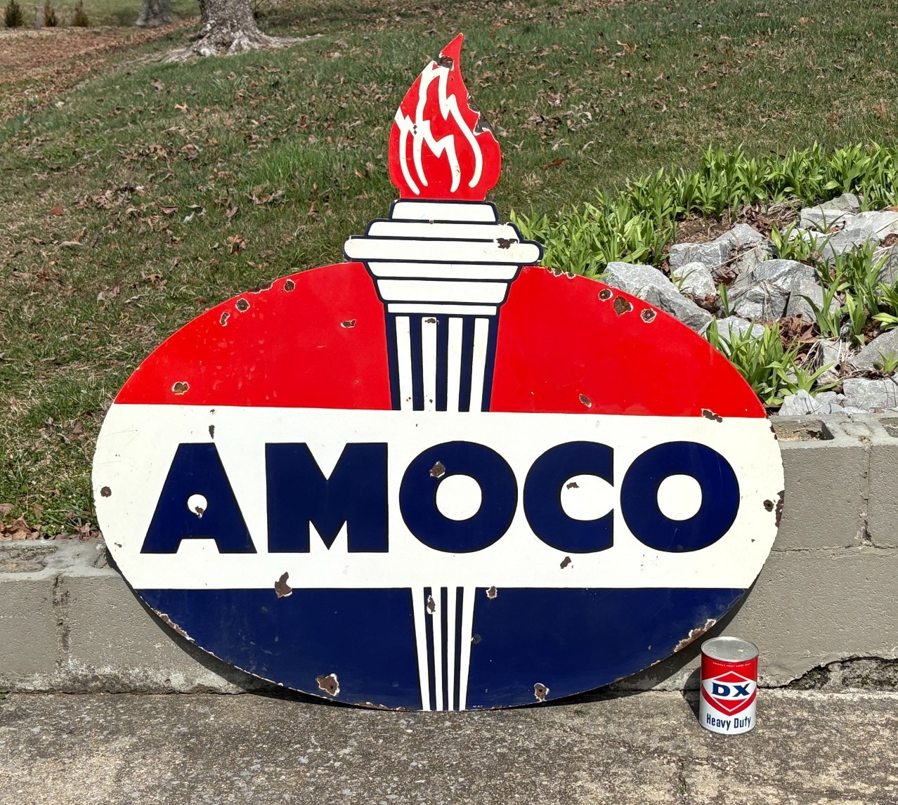 ORIGINAL 1950's "AMOCO GASOLINE" LARGE DOUBLE SIDED PORCELAIN DEALER SIGN, NICE