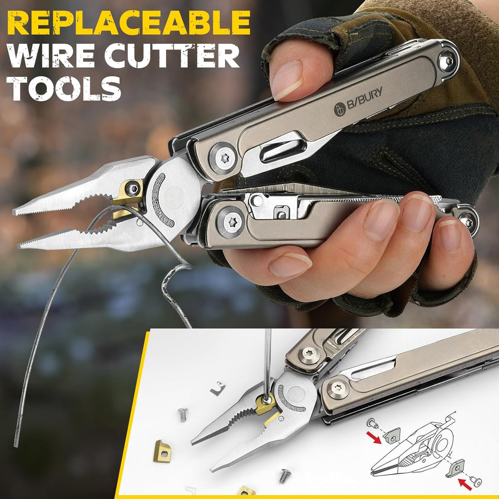 Titanium Alloy Multitool with Damascus Knife, EDC Multi Tools with Replaceable W