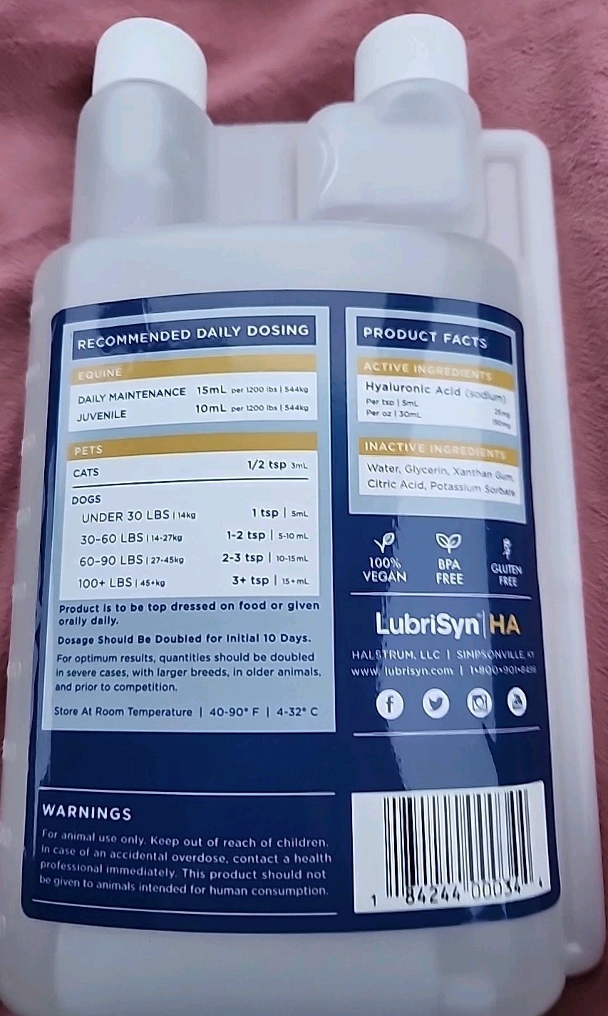 SEALED Equine & Pet LubriSyn HA Hyaluronic Acid Joint Supplement 32oz / 1 Quart