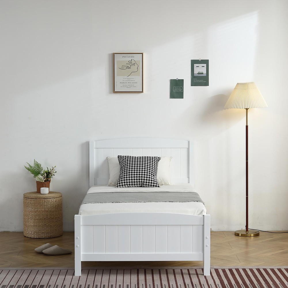 White Twin Size Solid Wood Platform Bed Frame Single Bed with Headboard