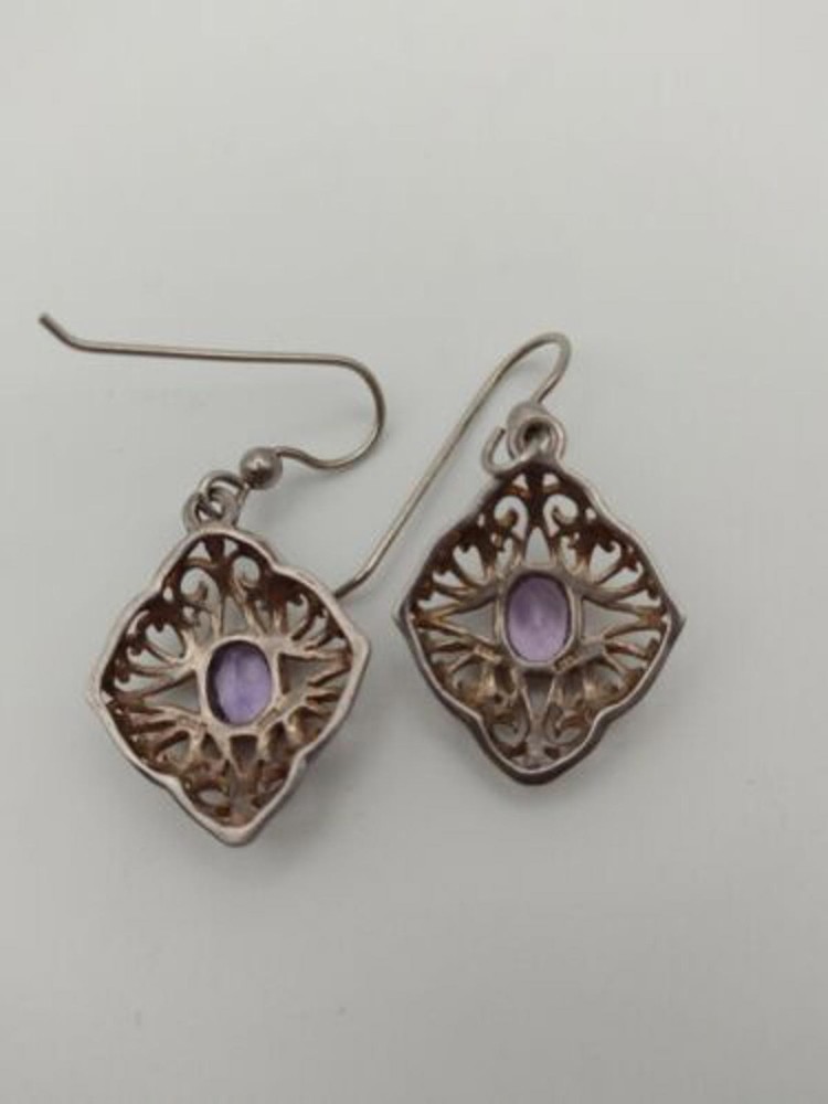 Purple Amethyst Scroll Design 925 Sterling Silver Dangle Drop Earrings
