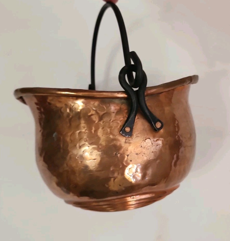 Hammered Copper Pot Hanging Cauldron Rustic Primitive Decor Black Iron Handle