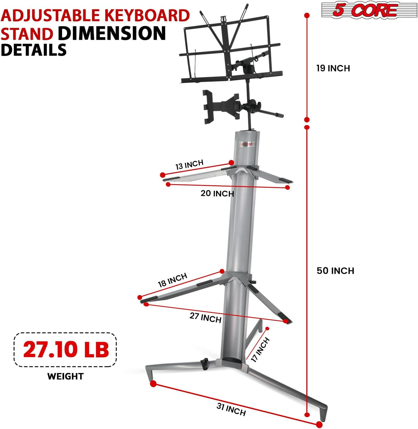 5Core 2-Tier Aluminum Column Keyboard Stand w/Bag, Mic Boom Arm & Sheet Stand