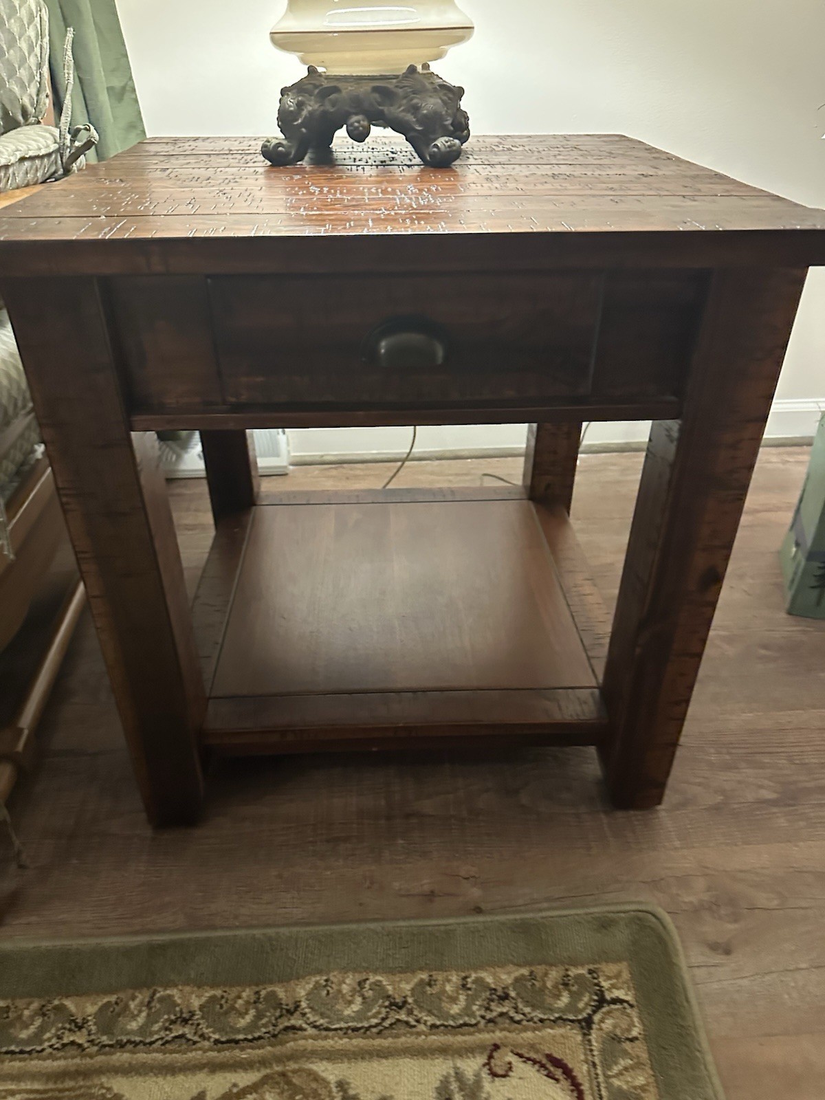 2 Distressed Brown Wood Endtables. Drawer & Lower Shelf, Knob Handle, Parlor