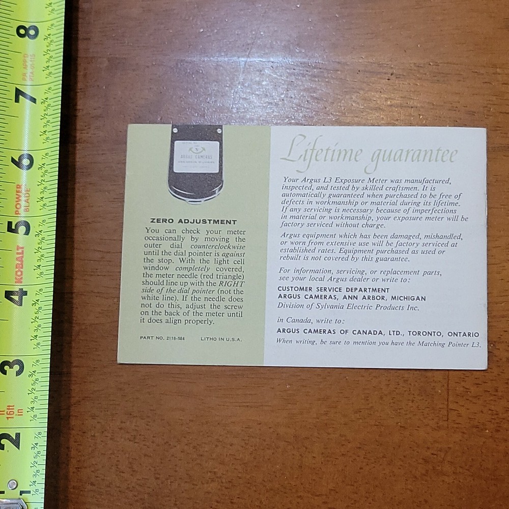 MATCHING POINTER L3 ARGUS EXPOSURE METER MANUAL OLD VINTAGE #4