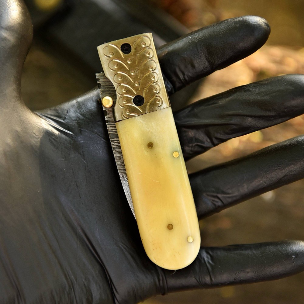 Handmade Damascus Folding Blade Pocket Knife Case- Camel Bone - Double Edge