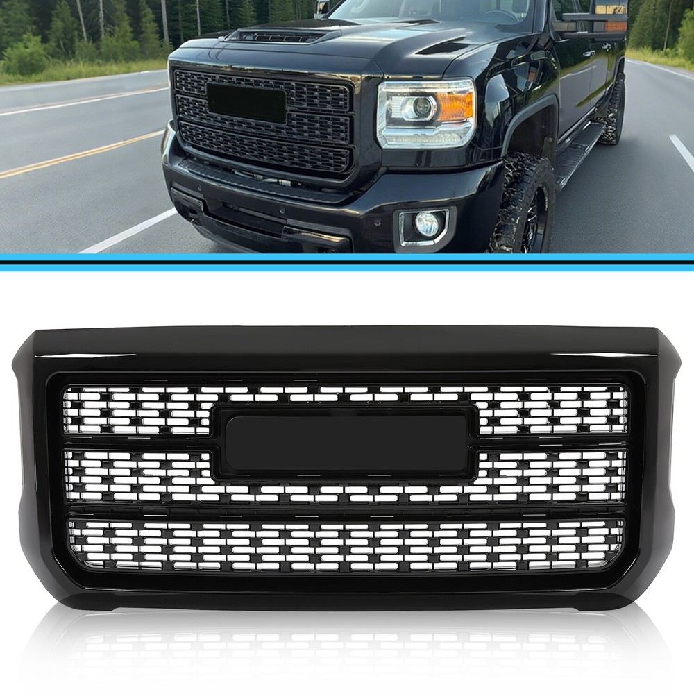Front Upper Grille For 2015-2019 GMC Sierra 2500HD 3500HD Denali Gloss Black