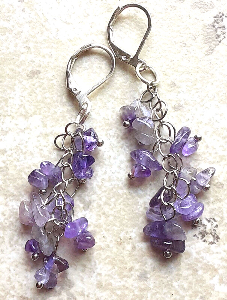 AMETHYST CHIPS GEMSTONE dangle earring SP LEVERBACK handcrafted WPGD18