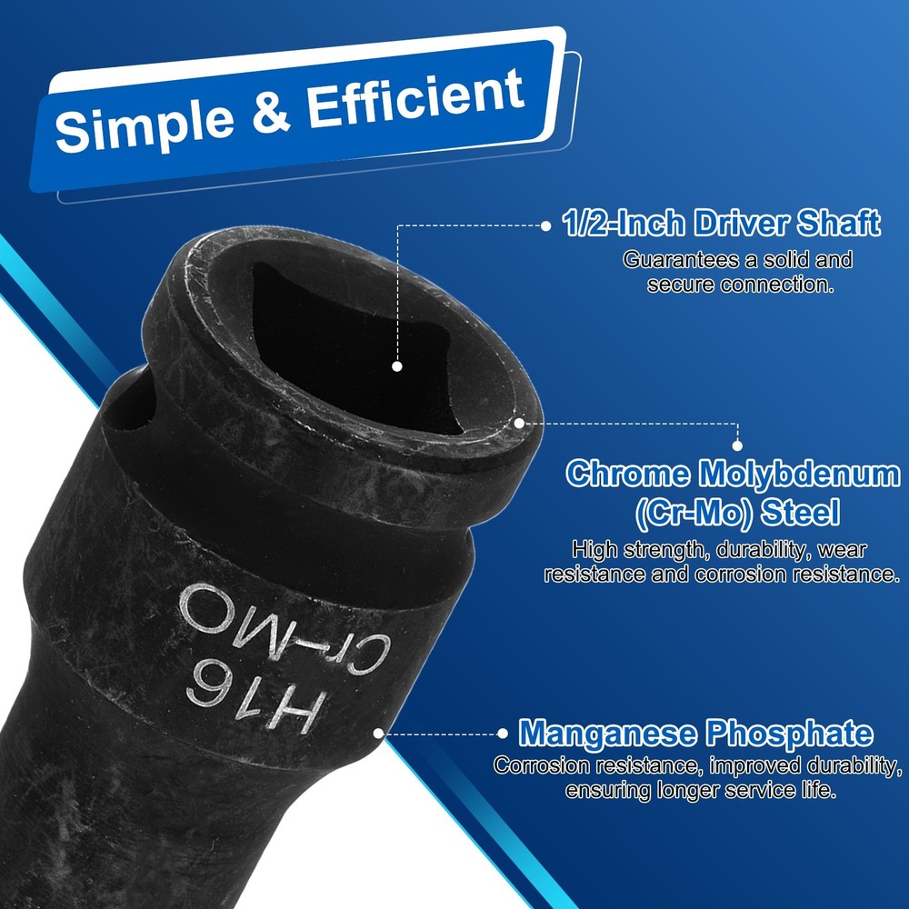 2pcs 1/2" Drive Impact Hex Bit Socket 16mm Metric CR-MO Steel Hexagonal Socket