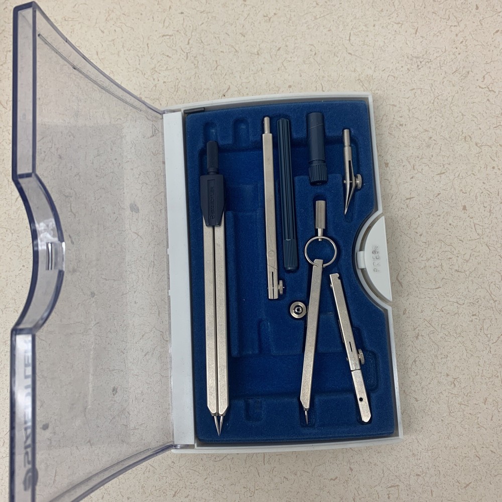 STAEDLER Drafting Math Set Kit 7 Piece Tools Engineering Compasses Italy *Read