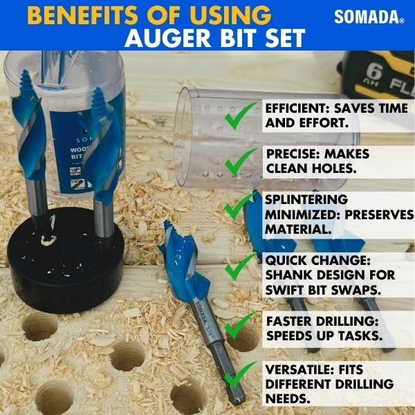 SOMADA Auger Drill Bit Set, 5-Piece, 1/2", 5/8", 3/4", 7/8" and 1" Inch Size