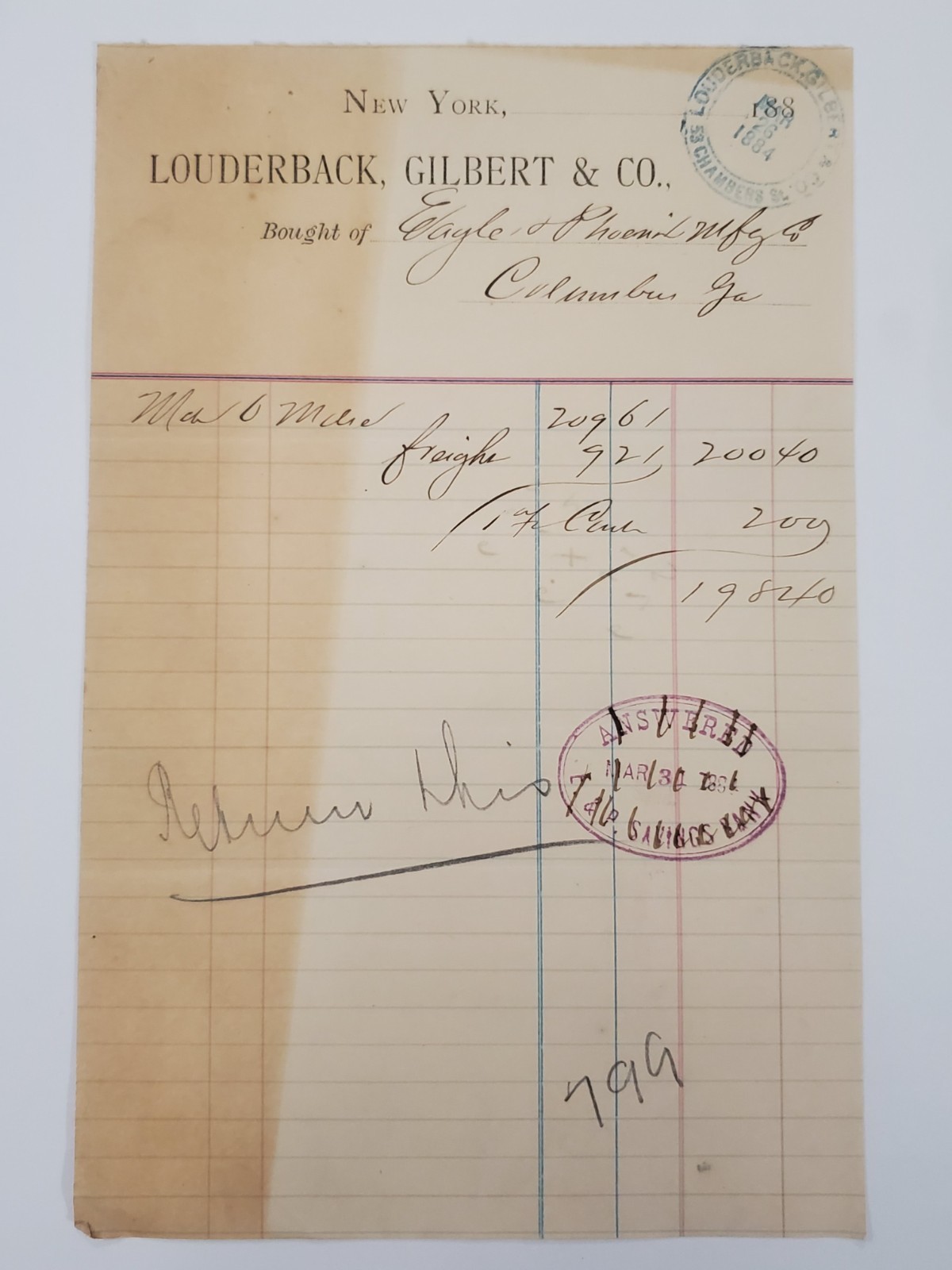 1884 Order, Louderback, Gilbert & Co., New York. Eagle & Phenix, Columbus, GA