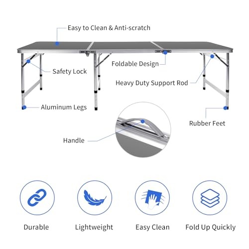 Camping Table Folding Table Large 3 Adjustable Height Portable 6FT Black