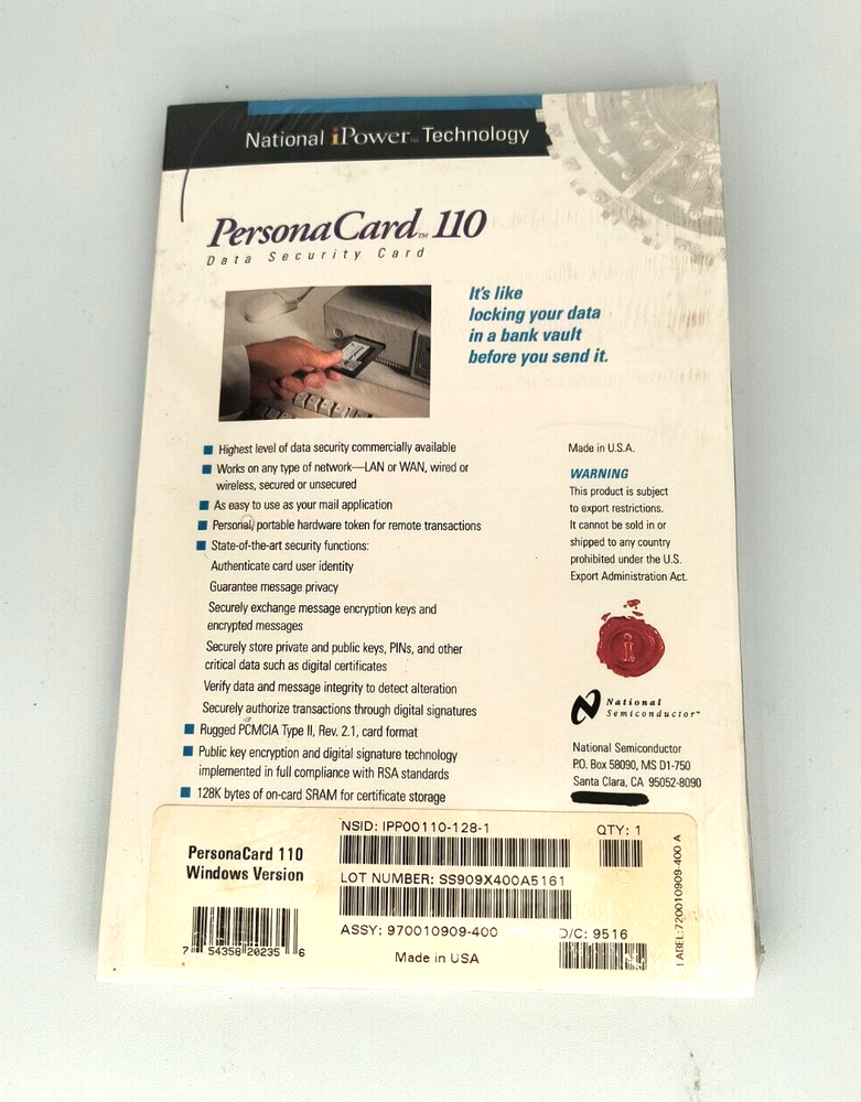 NATIONAL SEMICONDUCTOR PERSONACARD 110 PCMCIA DATA SECURITY ENCRYPTION RM4-B8