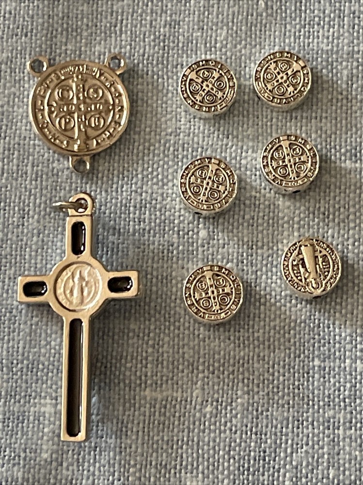 Saint Benedict Rosary Set Crucifix, Center & Pater Set 8 Pcs Silver Tone