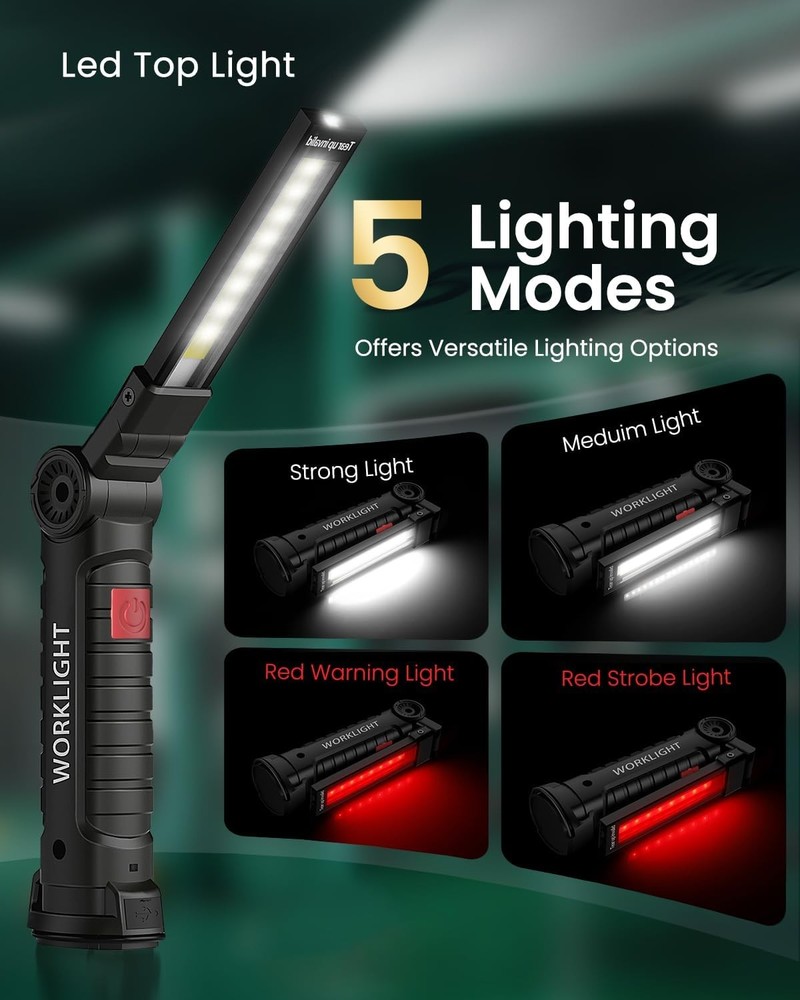 2 Pack Magnetic Base LED COB Work Light Rechargeable Mechanic Torch Flashlight