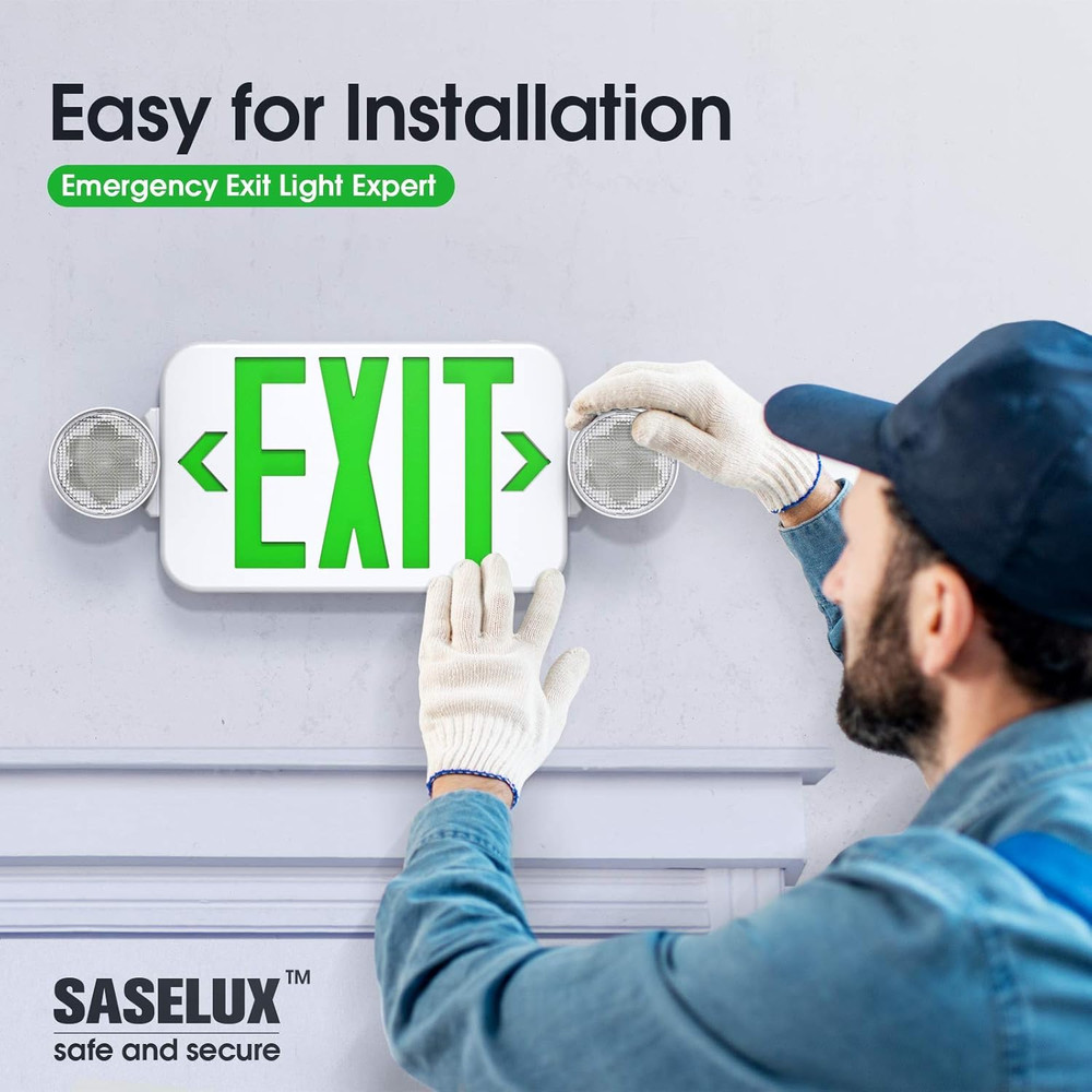 Green Led Exit Sign Emergency Light Combo Adjustable Two Head, Double Sided and