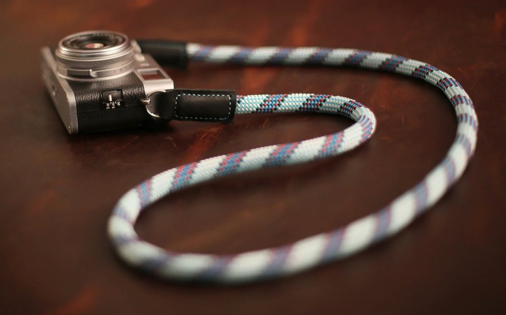 Windmup Blue Pattern Rope Camera Strap – Handmade Climbing Rope & Black Leather