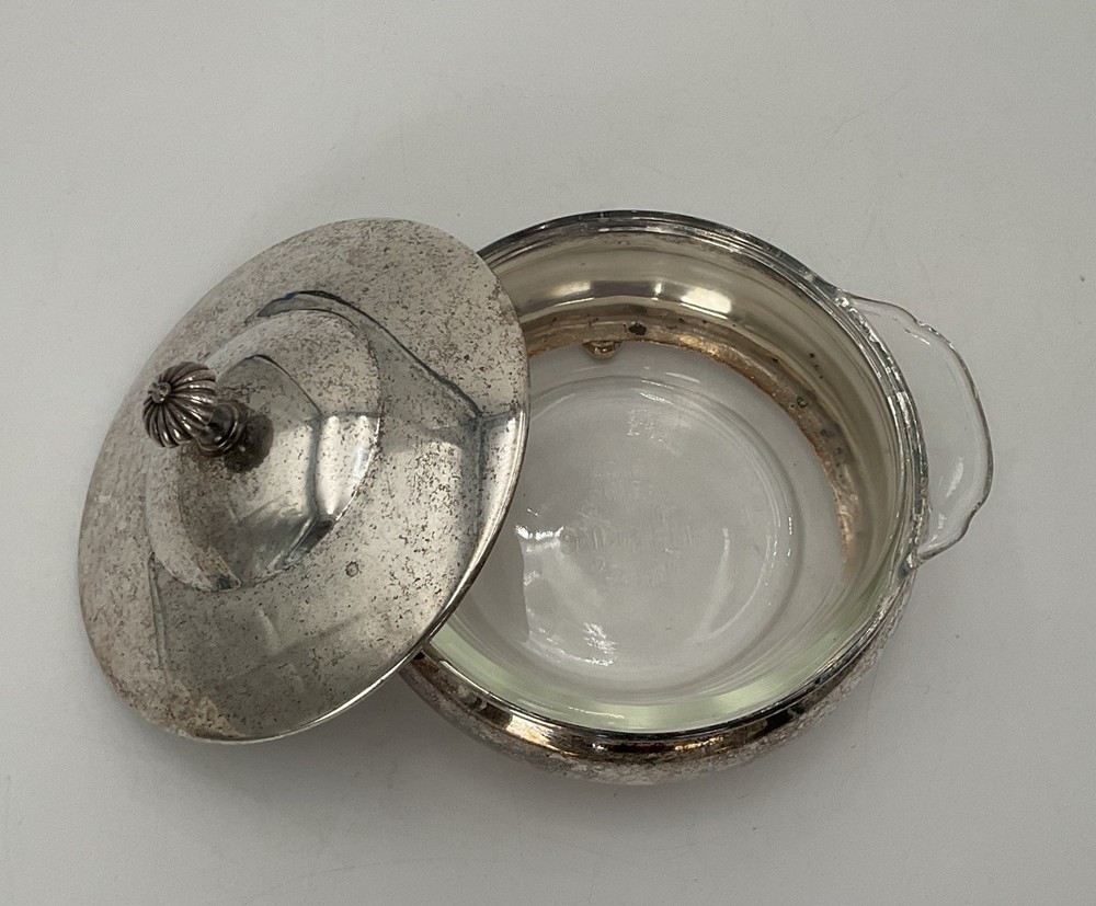 Vintage Sheffield Silver Co. Plate Lid Serving Dish W/ Pyrex Glass Bowl Insert