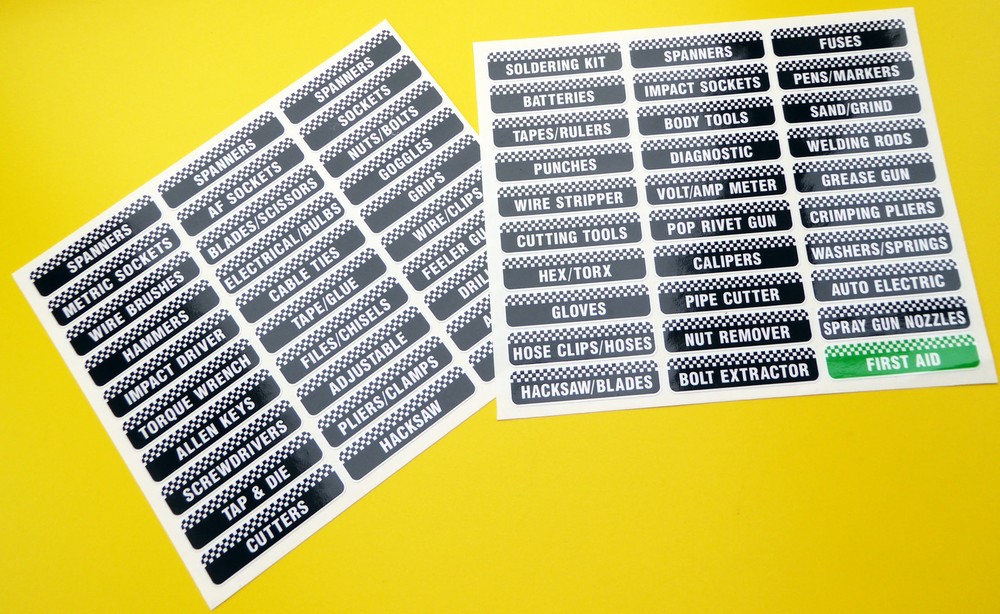 TOOLBOX TOOL CHEST Drawer LABEL stickers decals Identify workshop tools 2 SHEETS