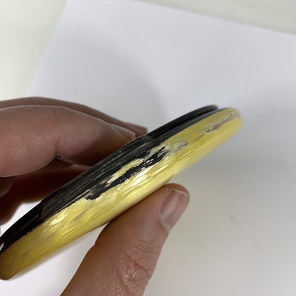 Fine Quality German Solid “935” Silver Yellow Guilloche Enamel Compact 10.5cm