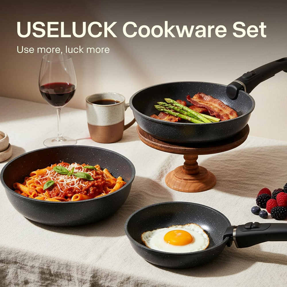 21 PCS Non-Stick Ceramic Cookware Set, Stackable & Portable, Black