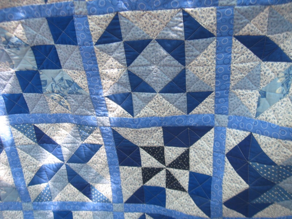 Handcrafted True Blues Sampler Quilt, 62" Square, Lap, Bed Cover