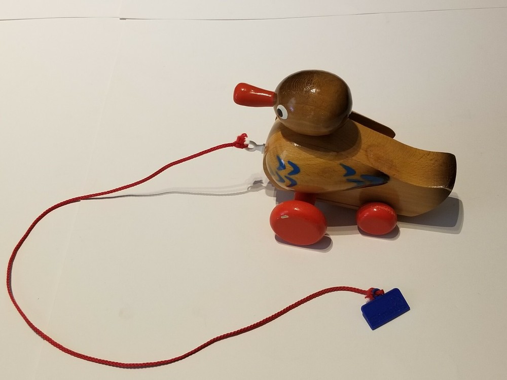 Vintage Wobbly Solid Wooden Animated Duck Pull Along String By Simba Rare!