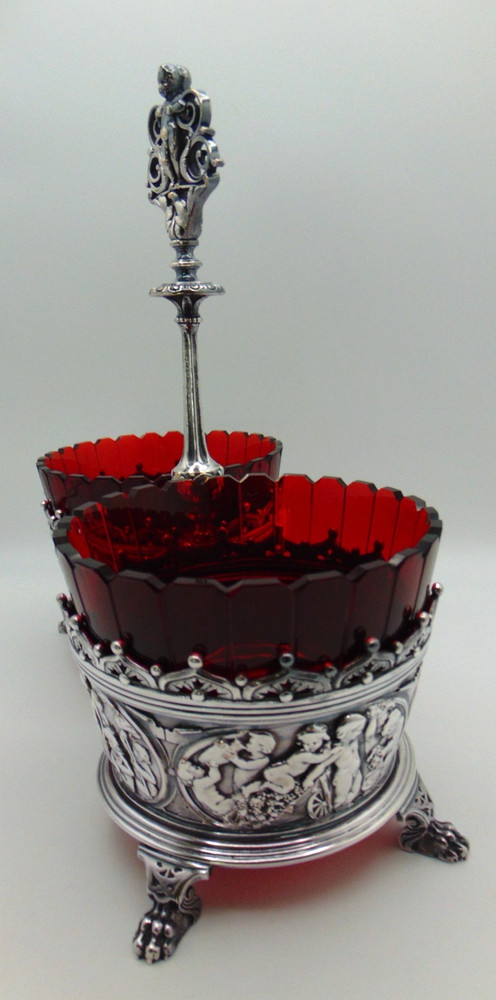 1870 Antique English Elkington Silver Plated & Ruby Red Glass Bowl Jam Holder