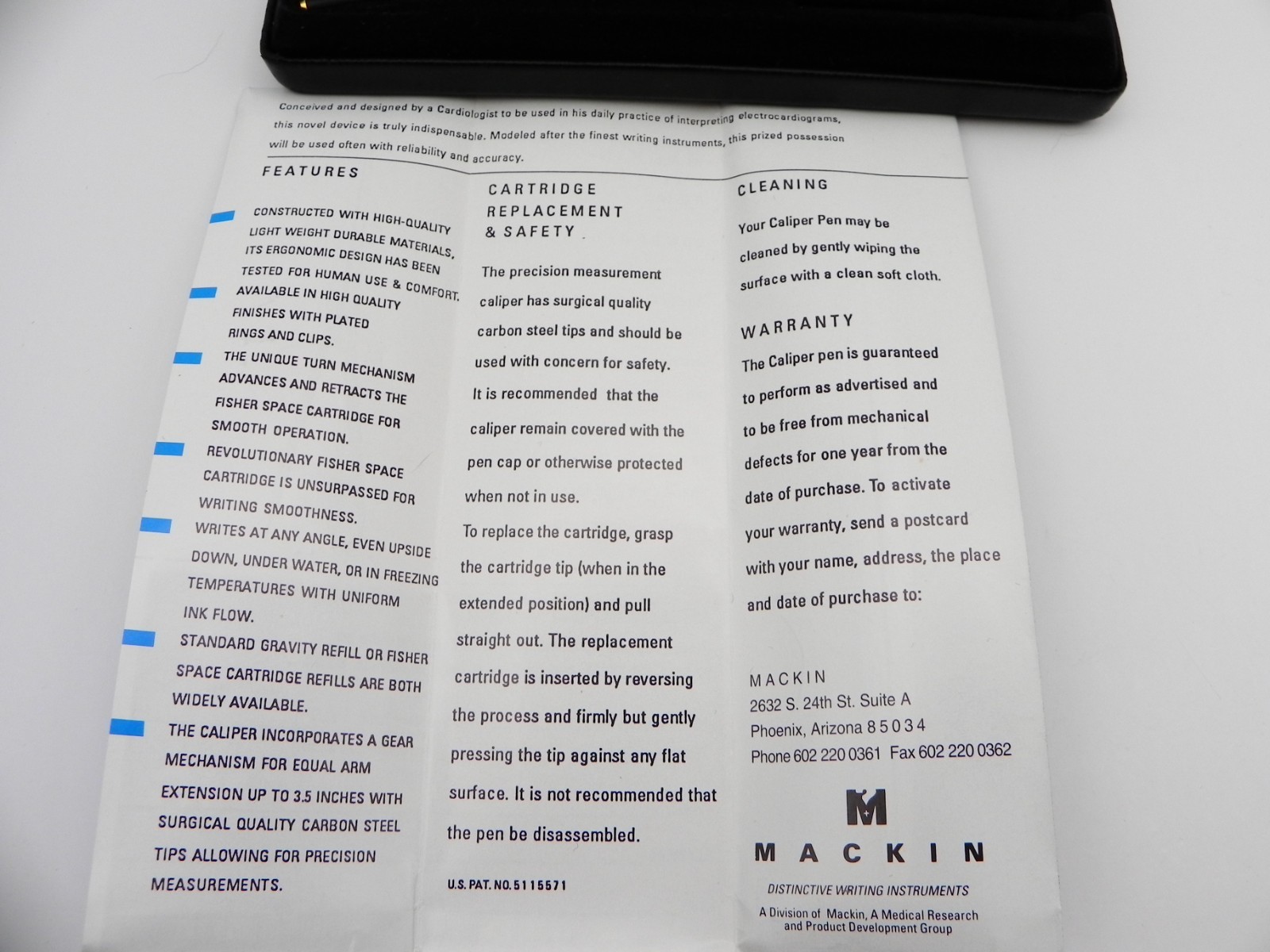 Mackin Caliper Pen Black Gold Medical ECG Case Paperwork Pharmaceutical