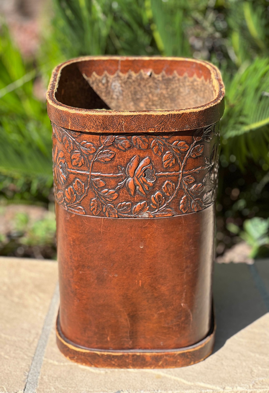 VTG Faux Leather Tooled Embossed Floral Umbrella Cane Stand Waste Basket Brown
