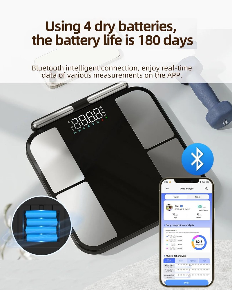 Smart Body Composition Scale 56 Metrics BMI, 8-Electrode Bluetooth LED Bathroom