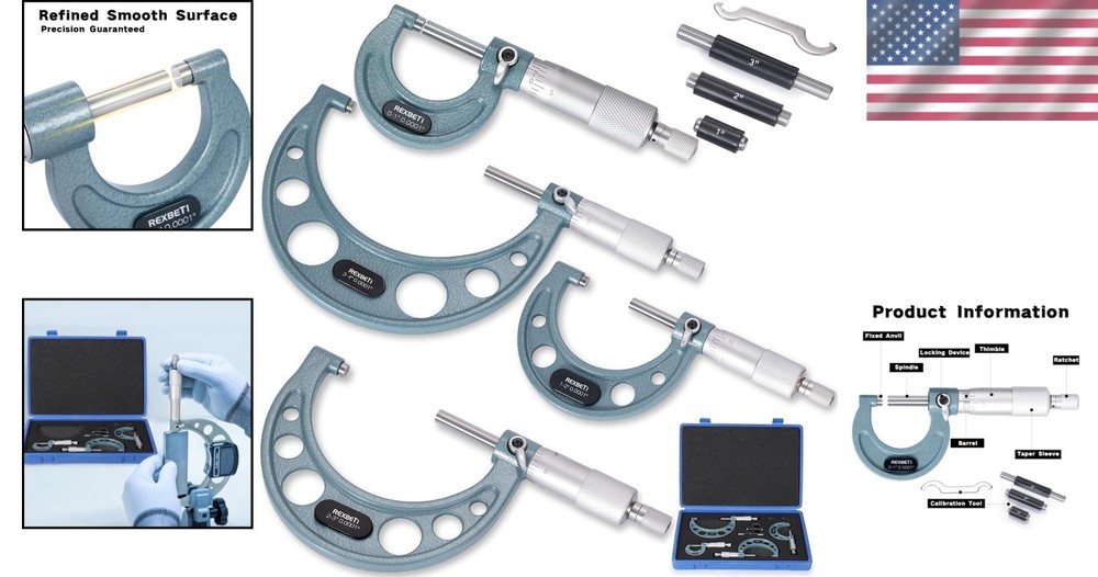 Professional 4 Pcs Measuring Micrometer Set, 0-4" with Protective Storage Case