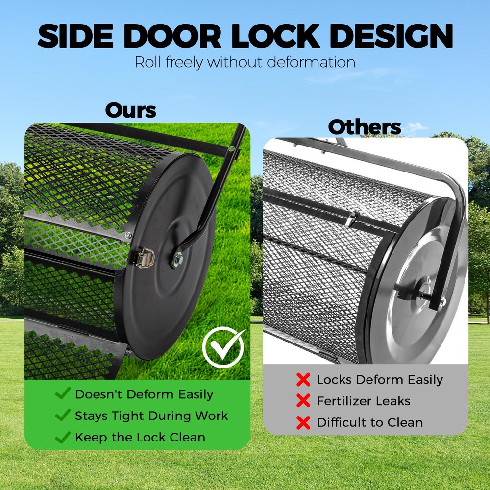 24" Black Compost Spreader, Peat Moss Roller w/ Steel Mesh Basket