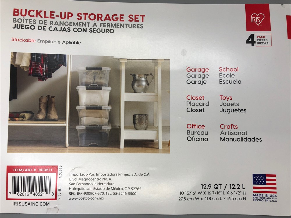 Iris Buckle-Up Storage Set 12.9 Quart 4 Pack Clear Plastic Storage Boxes W/ Lids